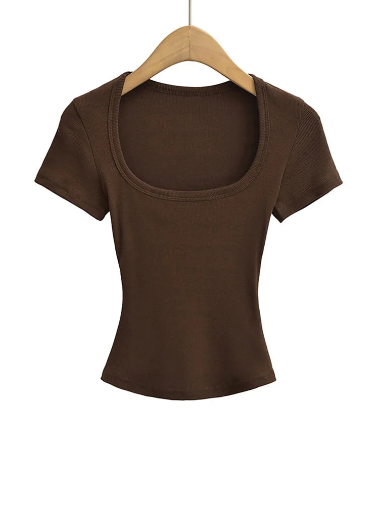 Haut court à col carré pour femmes, coupe cintrée, pull à manches courtes, très extensible, chemisier d'été Sexy, T-shirt pour le fond LUNAVIA PANTS
