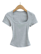 Haut court à col carré pour femmes, coupe cintrée, pull à manches courtes, très extensible, chemisier d'été Sexy, T-shirt pour le fond LUNAVIA PANTS