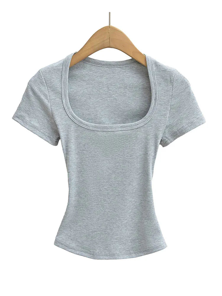 Haut court à col carré pour femmes, coupe cintrée, pull à manches courtes, très extensible, chemisier d'été Sexy, T-shirt pour le fond LUNAVIA PANTS