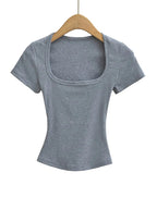 Haut court à col carré pour femmes, coupe cintrée, pull à manches courtes, très extensible, chemisier d'été Sexy, T-shirt pour le fond LUNAVIA PANTS