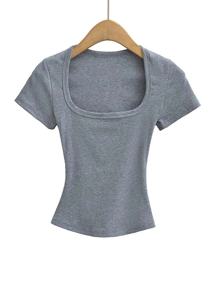 Haut court à col carré pour femmes, coupe cintrée, pull à manches courtes, très extensible, chemisier d'été Sexy, T-shirt pour le fond LUNAVIA PANTS
