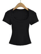 Haut court à col carré pour femmes, coupe cintrée, pull à manches courtes, très extensible, chemisier d'été Sexy, T-shirt pour le fond LUNAVIA PANTS