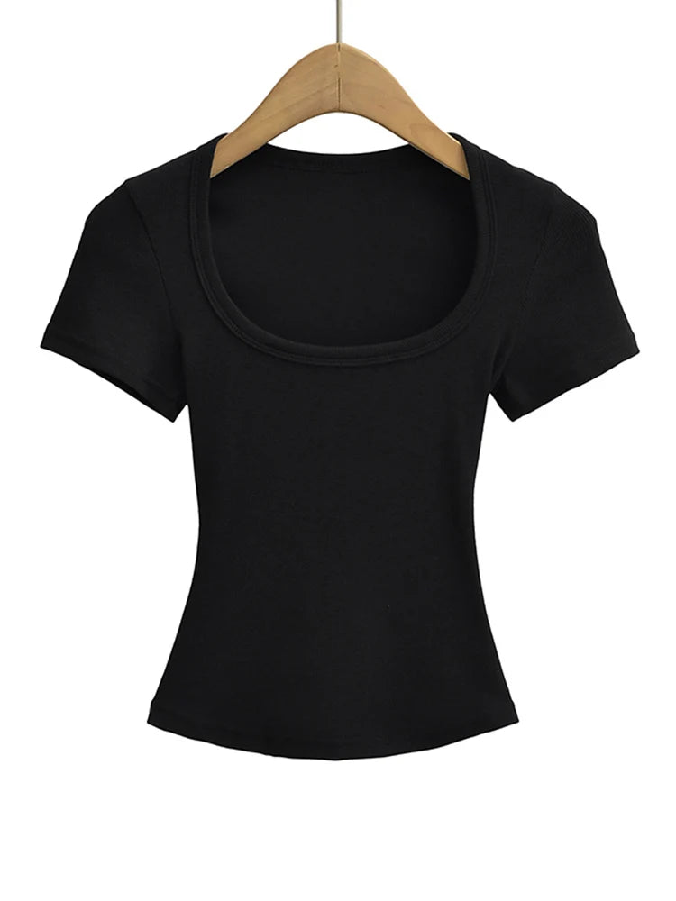 Haut court à col carré pour femmes, coupe cintrée, pull à manches courtes, très extensible, chemisier d'été Sexy, T-shirt pour le fond LUNAVIA PANTS