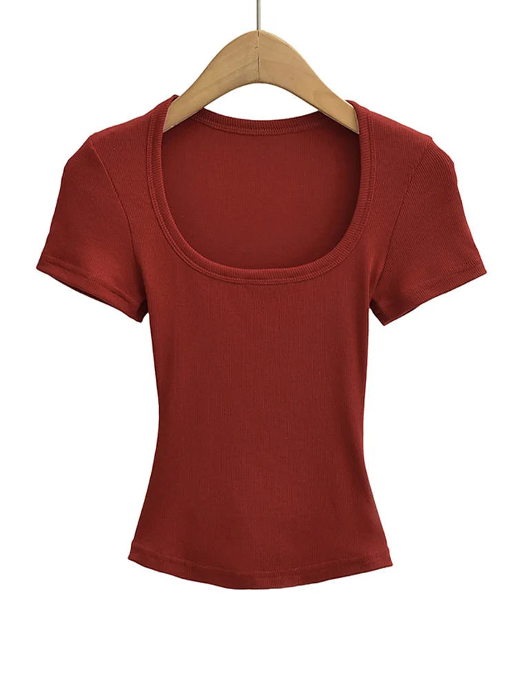 Haut court à col carré pour femmes, coupe cintrée, pull à manches courtes, très extensible, chemisier d'été Sexy, T-shirt pour le fond LUNAVIA PANTS