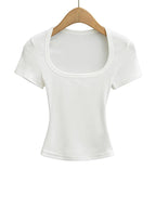 Haut court à col carré pour femmes, coupe cintrée, pull à manches courtes, très extensible, chemisier d'été Sexy, T-shirt pour le fond LUNAVIA PANTS