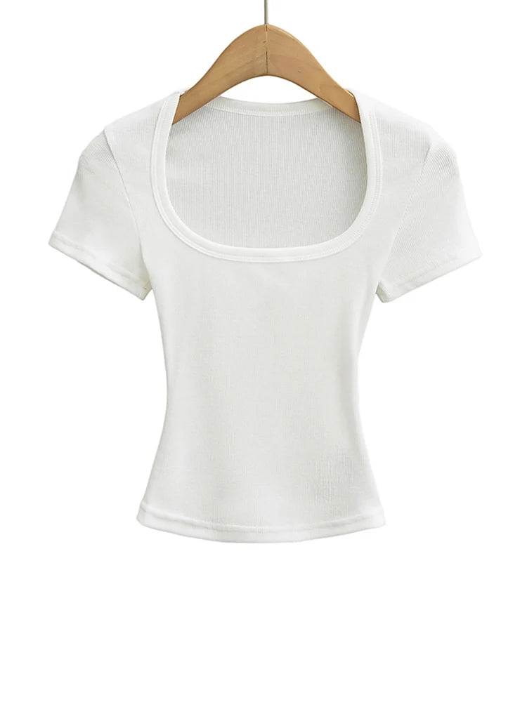 Haut court à col carré pour femmes, coupe cintrée, pull à manches courtes, très extensible, chemisier d'été Sexy, T-shirt pour le fond LUNAVIA PANTS