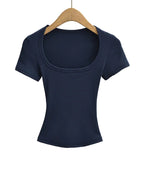 Haut court à col carré pour femmes, coupe cintrée, pull à manches courtes, très extensible, chemisier d'été Sexy, T-shirt pour le fond LUNAVIA PANTS