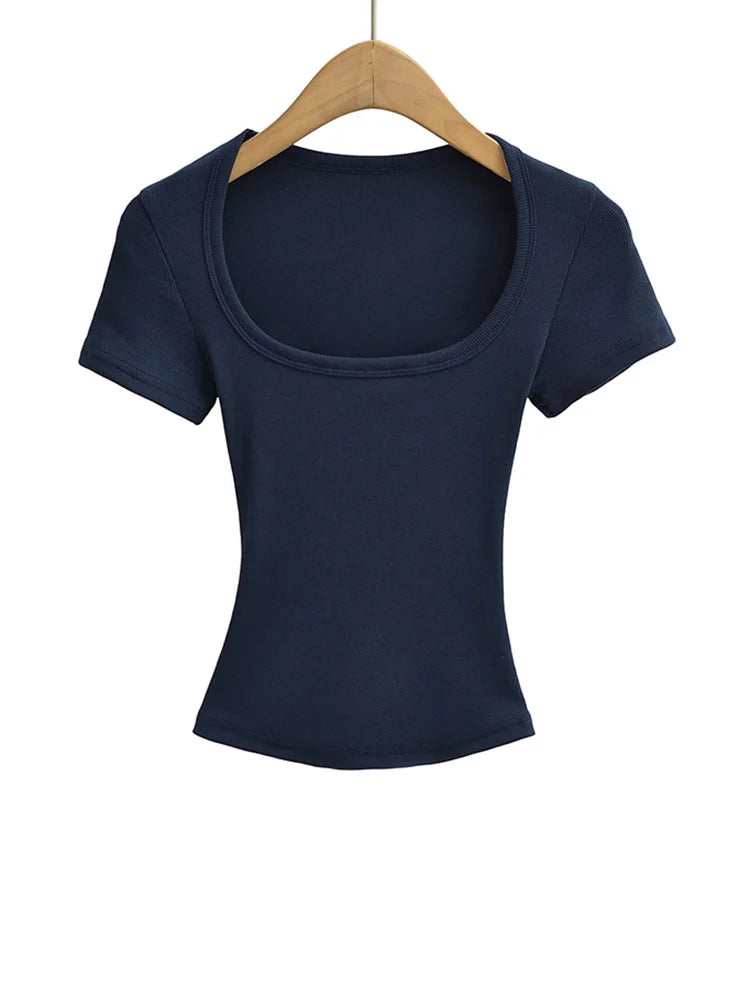 Haut court à col carré pour femmes, coupe cintrée, pull à manches courtes, très extensible, chemisier d'été Sexy, T-shirt pour le fond LUNAVIA PANTS