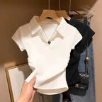 Coton été Sexy femmes t-shirt maigre mince basique solide haut court à manches courtes Polo t-shirt haut décontracté t-shirt pour les femmes LUNAVIA PANTS