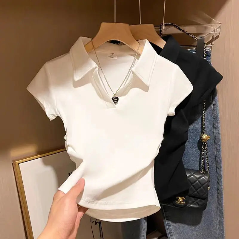 Coton été Sexy femmes t-shirt maigre mince basique solide haut court à manches courtes Polo t-shirt haut décontracté t-shirt pour les femmes LUNAVIA PANTS