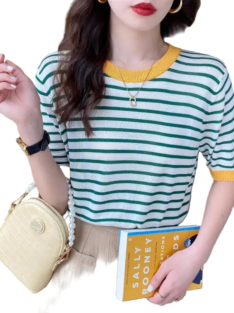 T-shirt décontracté à rayures pour femme, col rond, imprimé, manches courtes, tricoté, été 2026 LUNAVIA PANTS