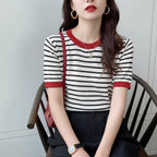 T-shirt décontracté à rayures pour femme, col rond, imprimé, manches courtes, tricoté, été 2026 LUNAVIA PANTS