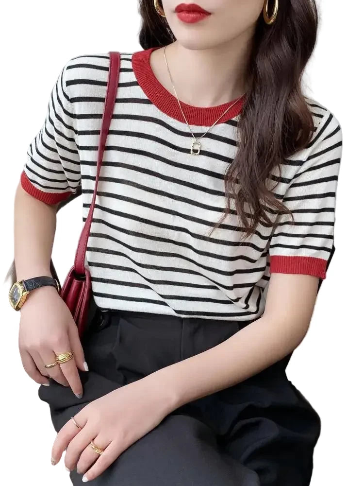 T-shirt décontracté à rayures pour femme, col rond, imprimé, manches courtes, tricoté, été 2026 LUNAVIA PANTS
