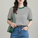 T-shirt décontracté à rayures pour femme, col rond, imprimé, manches courtes, tricoté, été 2026 LUNAVIA PANTS