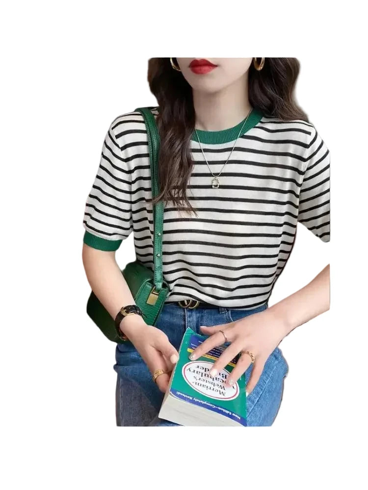 T-shirt décontracté à rayures pour femme, col rond, imprimé, manches courtes, tricoté, été 2026 LUNAVIA PANTS