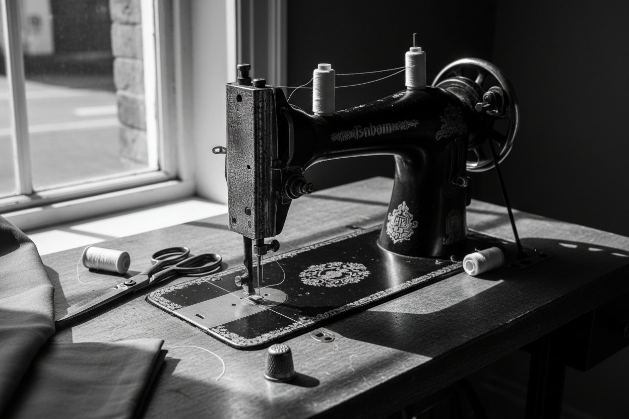 une photo en noir et blanc d une machine a coudre